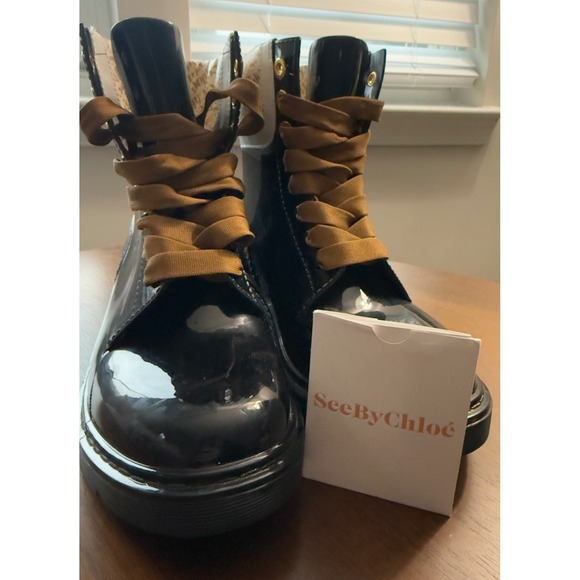 See By Chloe Luxury Black Glossy Logo Rain Boots Lace Up Combat Booties Size 8 - Picture 4 of 16